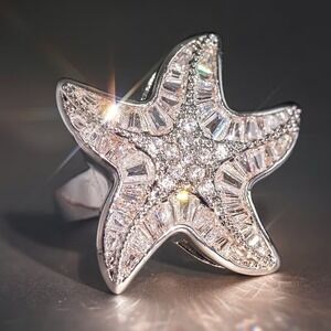 Silver Starfish Statement Ring Baguette Zirconia Nautical Beach Jewelry Size 8
